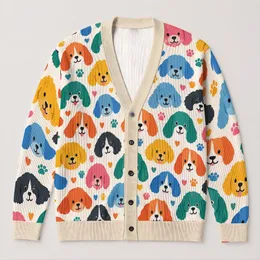 Multicolored Puppy Faces For Cheerful Everyday Layering And Women's Casual Style All-over Print Knitted Cardigan