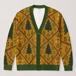 Golden Bow and Evergreen Tree Motifs for Festive Holiday Layering, Women's Autumn Style All-over Print Knitted Cardigan