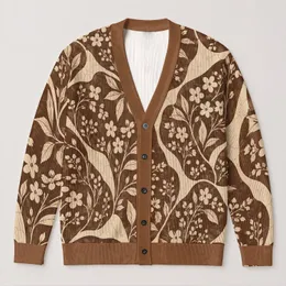 Vintage Brown Cream Floral Patchwork for Casual Layering and Everyday Womens Style All-over Print Knitted Cardigan