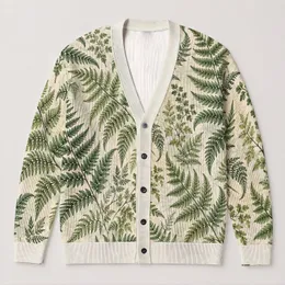 Green Fern Leaves for Nature Walks and Spring Layering, Women's Botanical Style Outfits All-over Print Knitted Cardigan