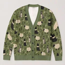 Black And White Sheep With Gray Dog Motifs For Cozy Autumn Weekend Layering, Animal Lovers All-over Print Knitted Cardigan