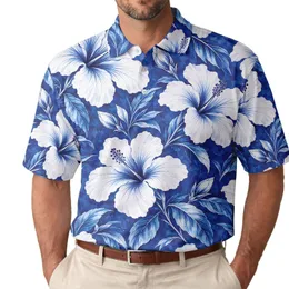 Blue Hawaiian Hibiscus Florals for Summer Golf and Tennis, Women's Tropical Style Men's Polo Shirt