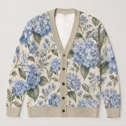Blue Hydrangea And Sage Botanical Motifs For Relaxed Everyday Layering And Cottage Style All-over Print Knitted Cardigan