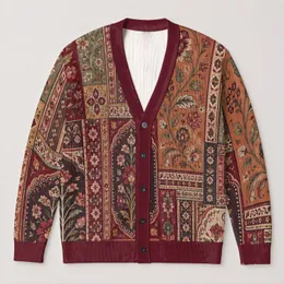 Burgundy Bohemian Patchwork Motifs for Relaxed Everyday Layering and Weekend Style for Women All-over Print Knitted Cardigan
