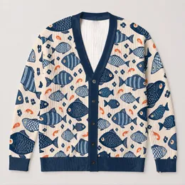 Navy Fish Motif With Coastal Charm for Relaxed Weekend Layering and Everyday Wear All-over Print Knitted Cardigan