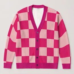 Pink White Checkerboard Blocks For Casual Street Style And Fall Layering For Women All-over Print Knitted Cardigan