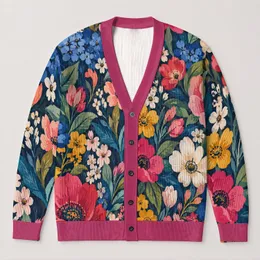 Colorful Floral Garden Blooms for Everyday Layering, Weekend Style, and Casual Womenswear All-over Print Knitted Cardigan