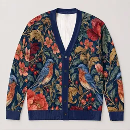 Navy Floral Birds Botanical Elegance for Everyday Outings and Casual Layering Women All-over Print Knitted Cardigan