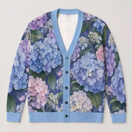 Blue Hydrangea Blossoms for Relaxed Garden Gatherings and Everyday Summer Layering All-over Print Knitted Cardigan