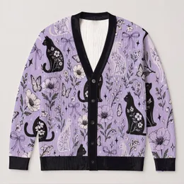 Black Cat Floral Butterfly Motif for Cozy Everyday Layering, Women’s Casual Gift Idea All-over Print Knitted Cardigan
