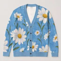 Blue Daisy Floral Layering Style For Everyday Outfits And Garden Gatherings For Women All-over Print Knitted Cardigan