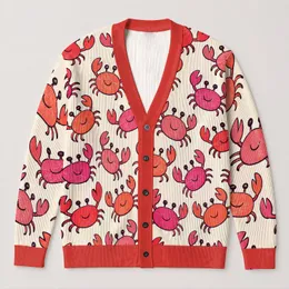 Cheerful Pink and Red Crab Motif for Coastal Everyday Layering, Women's Gift All-over Print Knitted Cardigan