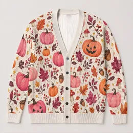 Pink Pumpkin Jack-O'-Lantern Leaves For Cozy Autumn Halloween Style Women's Wardrobe All-over Print Knitted Cardigan
