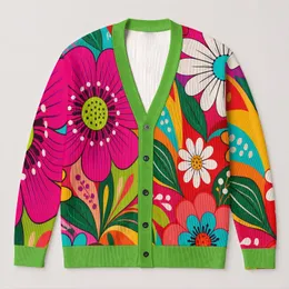 Retro Botanical Color Blocks For Colorful Autumn Layering, Vacation Dates And Travel All-over Print Knitted Cardigan