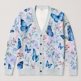 Blue Butterfly Floral Garden for Relaxed Holiday Layering and Everyday Women's Wear All-over Print Knitted Cardigan