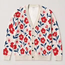 Red Blue Floral Bohemian Everyday Layering Style For Casual Fall Outfits For Women All-over Print Knitted Cardigan