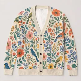 Pastel Wildflower And Bird Motifs For Cheerful Spring Layering And Everyday Style All-over Print Knitted Cardigan
