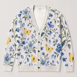 Blue Wildflowers And Golden Butterflies For Autumn Vacation And Everyday Layering All-over Print Knitted Cardigan