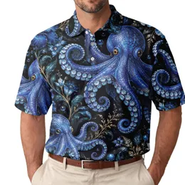 Blue Octopus And Ocean Flowers For Coastal Golf Days, Summer Leisure, Marine Lover Women Men's Polo Shirt