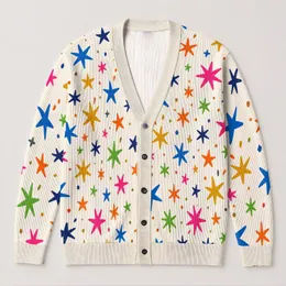 Colorful Hand-Drawn Star Motifs for Casual Vacation Layering, Women’s Autumn Style All-over Print Knitted Cardigan