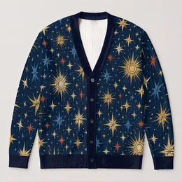 Navy Celestial Starburst Motifs for Autumn Outings and Vacation Layering for Women All-over Print Knitted Cardigan
