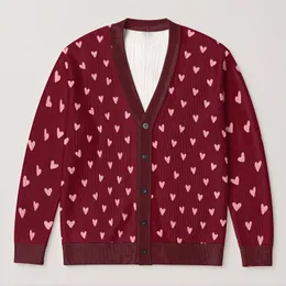 Deep Burgundy Hearts for Cozy Autumn Outings, Romantic Dates, and Weekend Layering All-over Print Knitted Cardigan