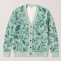Teal Botanical Vine Leaves for Spring Layering and Relaxed Everyday Style Dressing All-over Print Knitted Cardigan