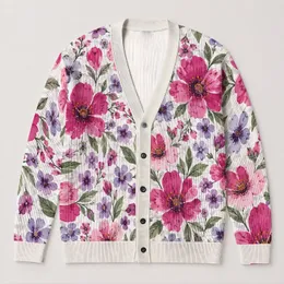 Pink Wildflower Blooms for Spring Layering and Everyday Womens Casual Weekend Style All-over Print Knitted Cardigan