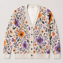 Orange Purple Wildflower Botanical Style for Cozy Fall Layering and Everyday Wear All-over Print Knitted Cardigan