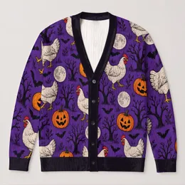 Halloween Pumpkins, Chickens and Bats for Autumn Family Gatherings and Festive Nights All-over Print Knitted Cardigan