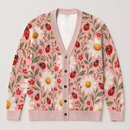 Daisy Ladybug Floral Style for Casual Everyday Layering, Women's Bohemian Wardrobe All-over Print Knitted Cardigan