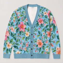 Sky Blue Floral Blooms For Relaxed Everyday Layering And Women’s Fall Style All-over Print Knitted Cardigan