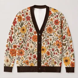 Autumn Wildflower Blooms In Warm Rust And Gold For Cozy Everyday Layering, Women All-over Print Knitted Cardigan