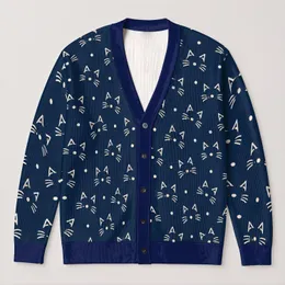Minimalist Cat Face Navy Cream Style For Cozy Autumn Layering And Animal Lovers All-over Print Knitted Cardigan