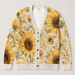 Golden Sunflower Garden Motif for Relaxed Boho Layering and Everyday Nature Style All-over Print Knitted Cardigan