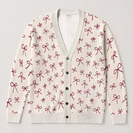Burgundy Bow Motif For Chic Everyday Layering And Feminine Fall Style For Women All-over Print Knitted Cardigan