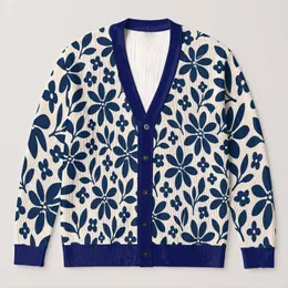 Navy Blue Floral Botanical Layering Style For Casual Fall Outings And Everyday Wear All-over Print Knitted Cardigan