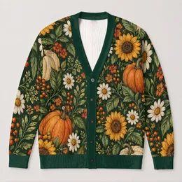 Autumn Pumpkin Sunflower Garden for Thanksgiving Layering, Women’s Cozy Fall Wardrobe All-over Print Knitted Cardigan