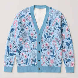 Pink Citrus, Candy Canes And Blue Leaves For Whimsical Seasonal Everyday Style For Women All-over Print Knitted Cardigan