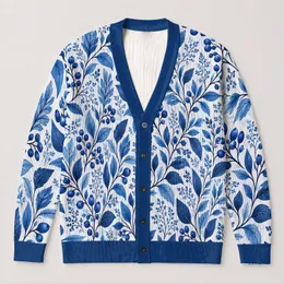 Blue Botanical Foliage for Everyday Layering and Relaxed Casual Style for Women All Season All-over Print Knitted Cardigan