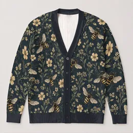 Vintage Honeybee And Wildflower Motifs For Everyday Nature-Inspired Casual Wear Style All-over Print Knitted Cardigan