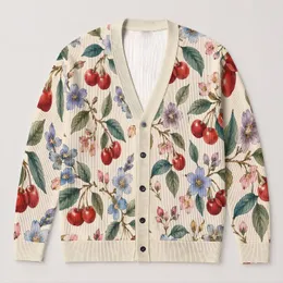 Watercolor Cherries And Blue Blossoms For Casual Autumn Outings And Vacation Style All-over Print Knitted Cardigan