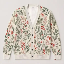 Red Berry Botanical Foliage for Cozy Everyday Layering, Nature-Loving Women Gift Style All-over Print Knitted Cardigan