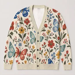 Colorful Butterfly Floral Motifs for Relaxed Everyday Layering and Bohemian Style All-over Print Knitted Cardigan