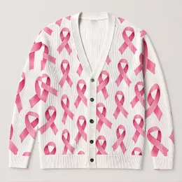 Pink Ribbon Awareness Motifs for Support Events and Everyday Layering for Women and Friends All-over Print Knitted Cardigan
