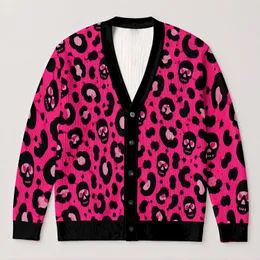 Black Skull And Leopard Spots For Edgy Everyday Layering, Women's Autumn Style Look All-over Print Knitted Cardigan