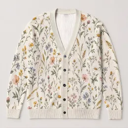 Watercolor Meadow Wildflowers For Relaxed Everyday Layering And Bohemian Weekend Style All-over Print Knitted Cardigan