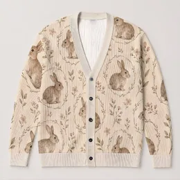 Brown Rabbit Meadow Motifs for Spring Getaways and Casual Layering, Nature Lovers All-over Print Knitted Cardigan
