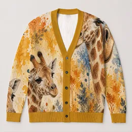 Watercolor Giraffe Portraits for Casual Bohemian Layering and Everyday Safari Style All-over Print Knitted Cardigan