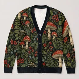 Vintage Red Mushroom Botanical Foliage For Autumn Outings And Cottagecore Women Wear All-over Print Knitted Cardigan